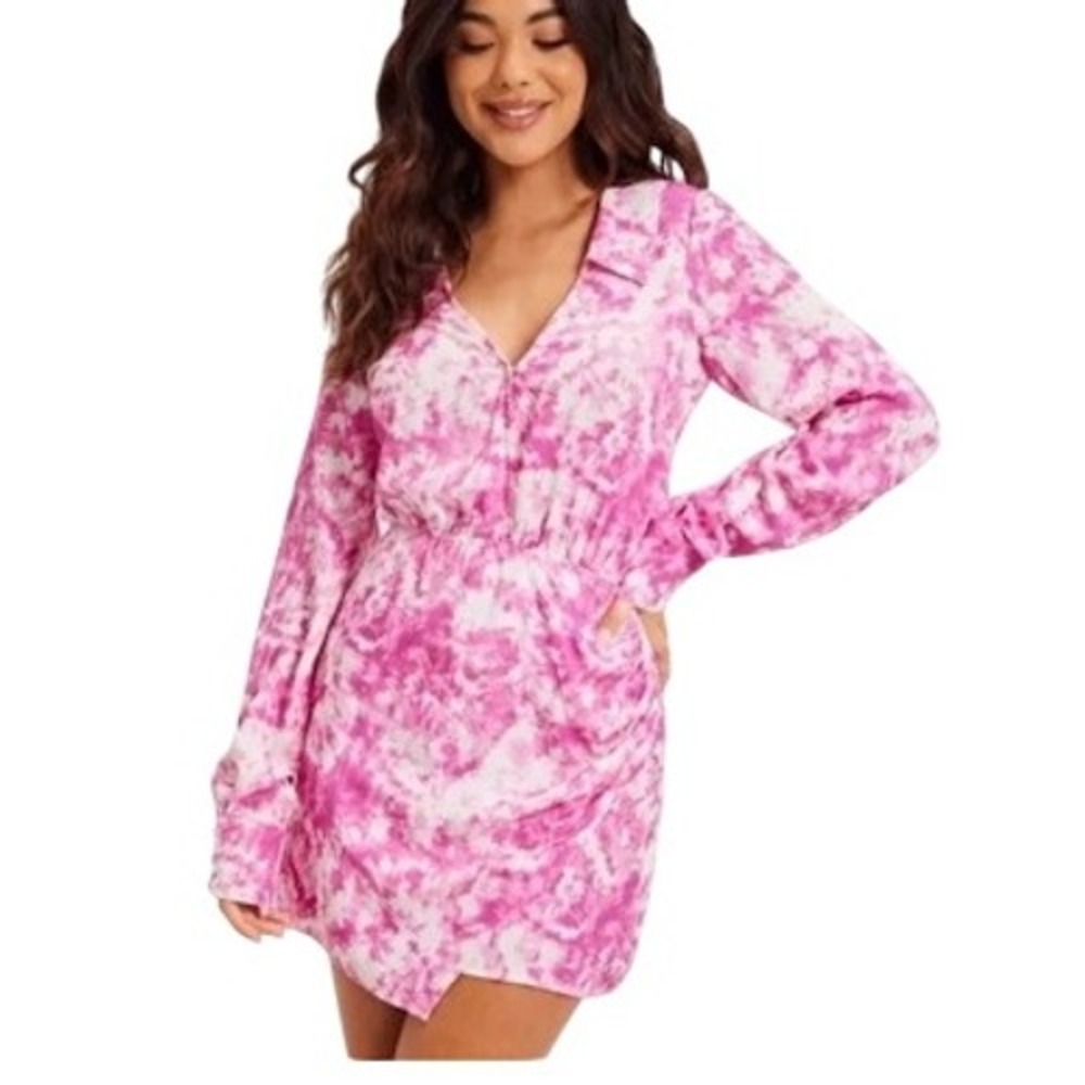 For Love & Lemons Devon V Neck Long Sleeve‎ Mini Shirt Dress Pink Tie Dye XS NEW